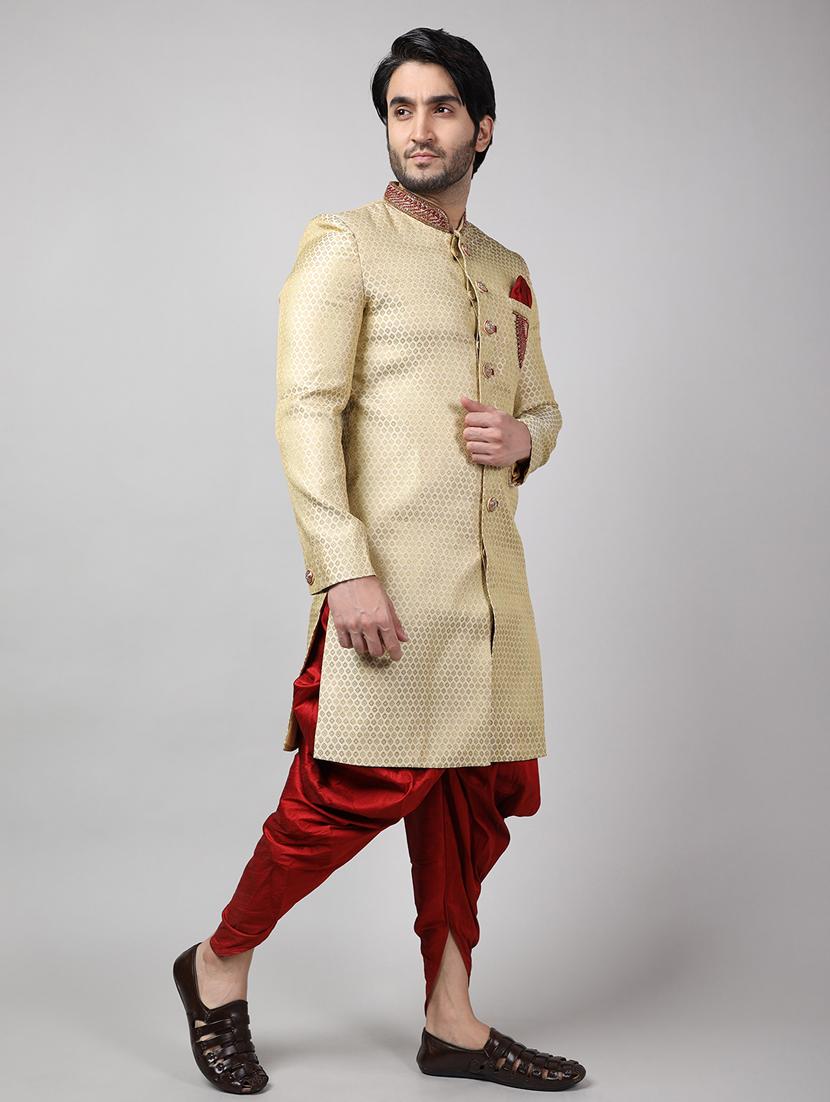 golden silk brocade sherwani ethnic wear set - 18473044 -  Standard Image - 1