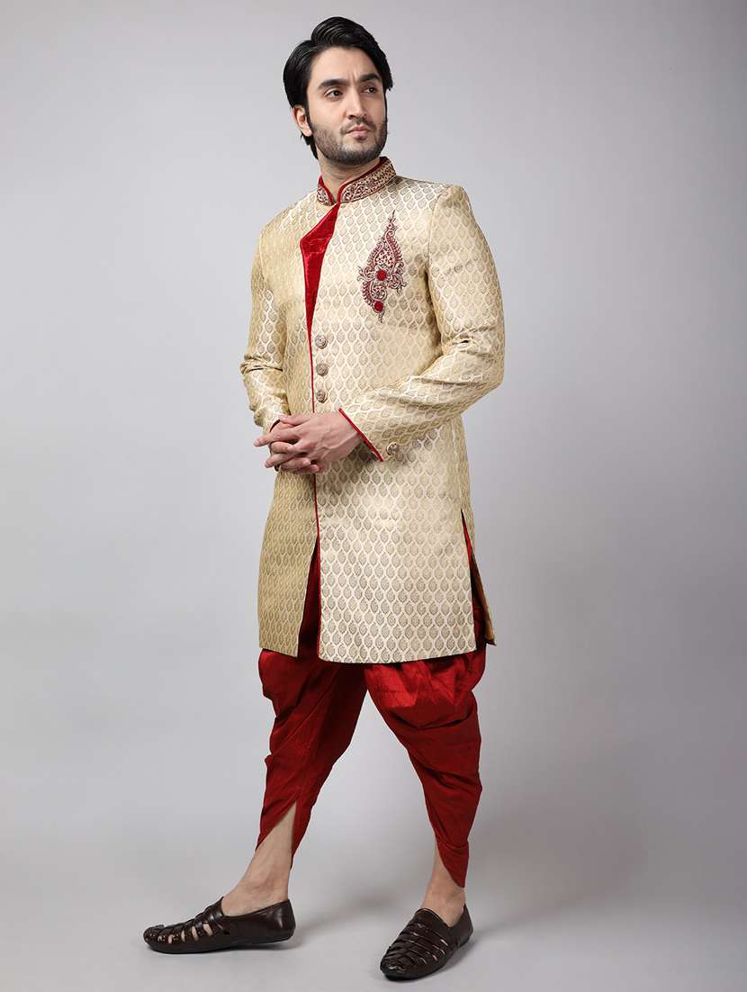 golden silk brocade sherwani ethnic wear set - 18473046 -  Standard Image - 1