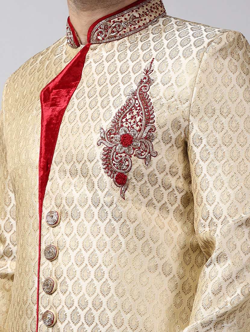 golden silk brocade sherwani ethnic wear set - 18473046 -  Standard Image - 4