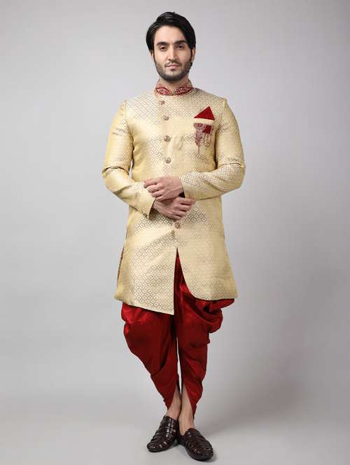 golden silk brocade sherwani ethnic wear set - 18473047 -  Standard Image - 0