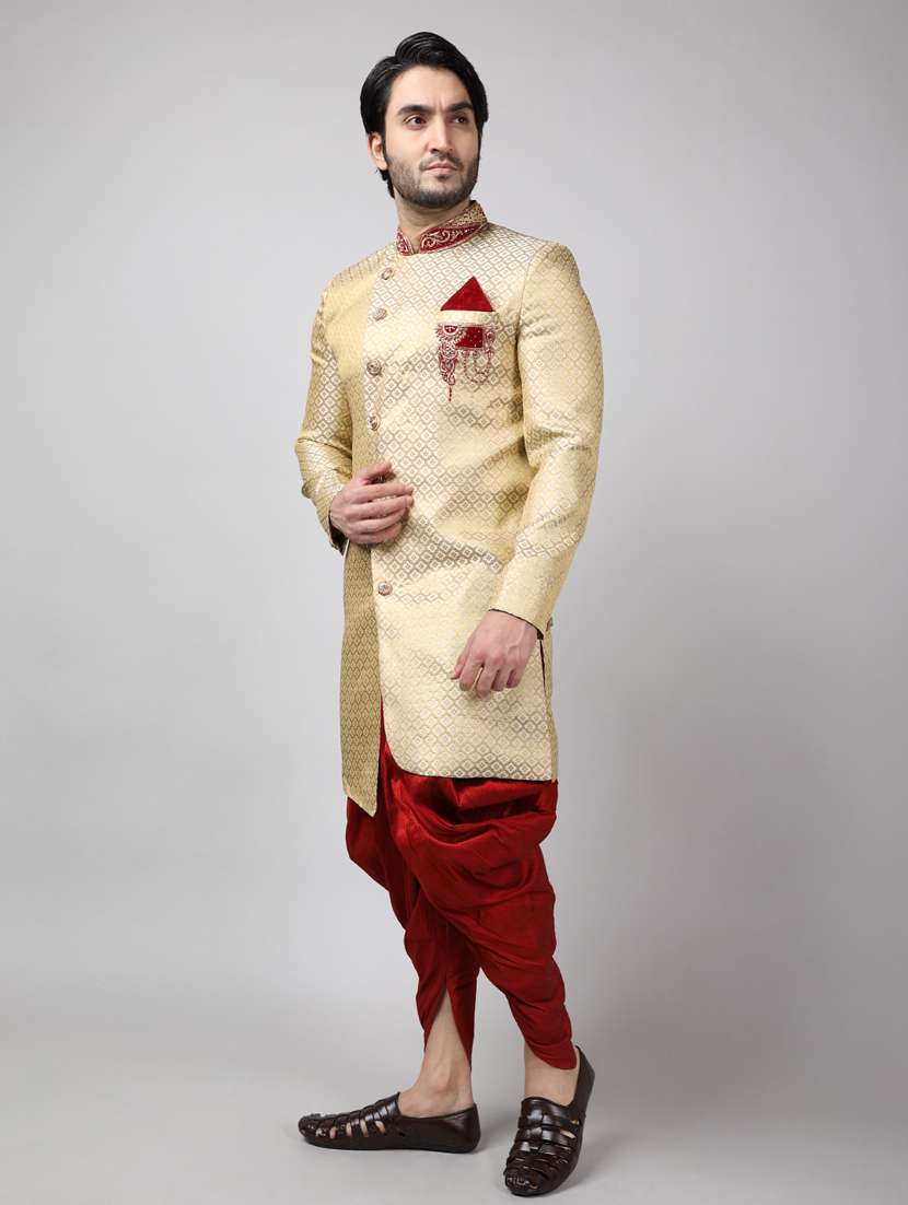 golden silk brocade sherwani ethnic wear set - 18473047 -  Standard Image - 1