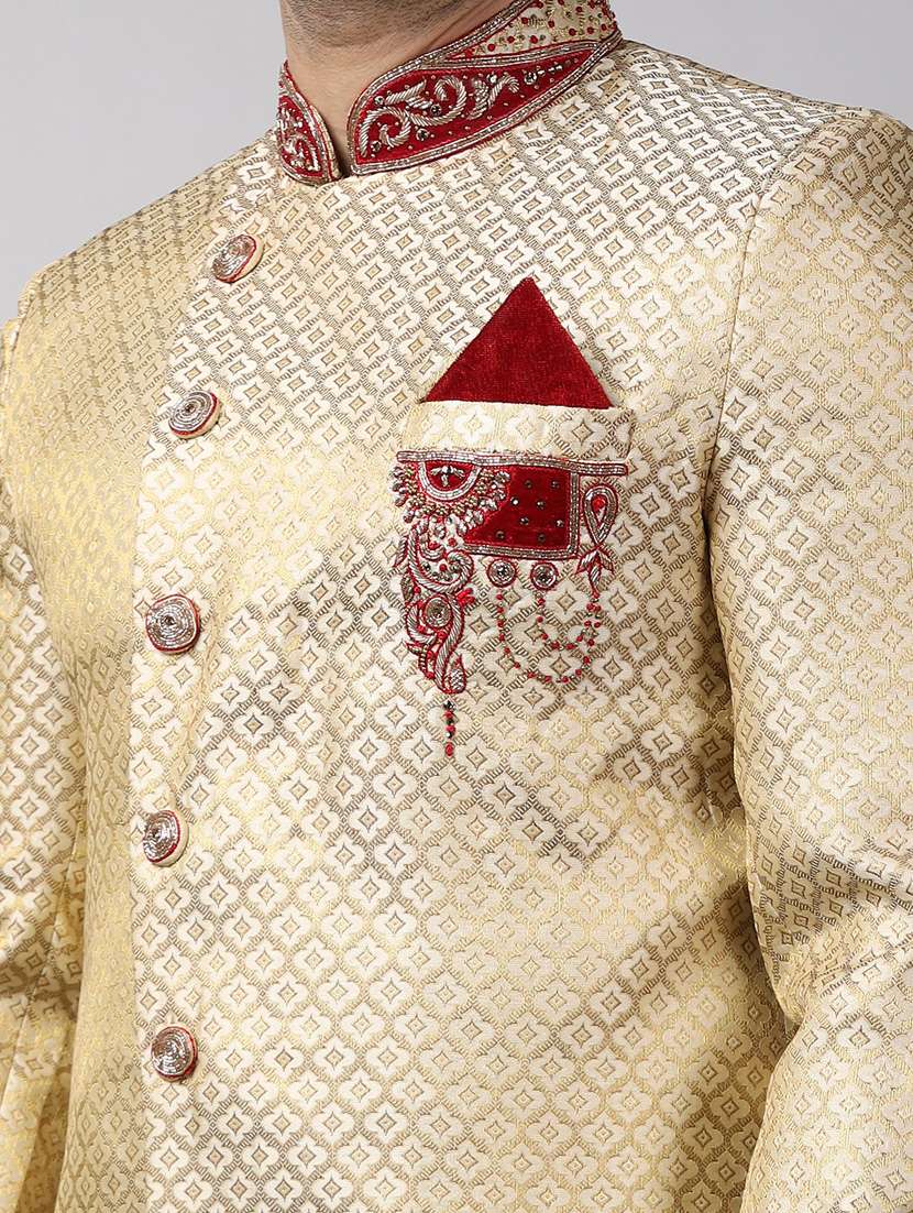 golden silk brocade sherwani ethnic wear set - 18473047 - Standard Image - 4