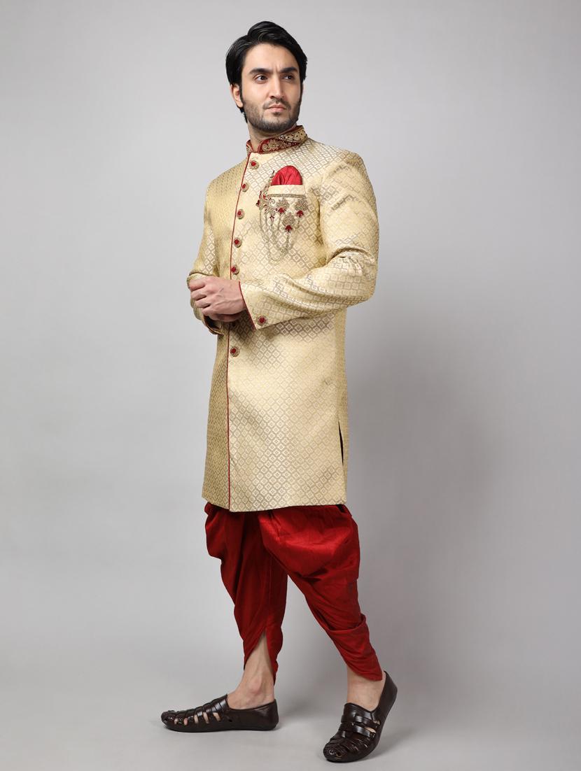 golden silk brocade sherwani ethnic wear set - 18473049 - Standard Image - 1