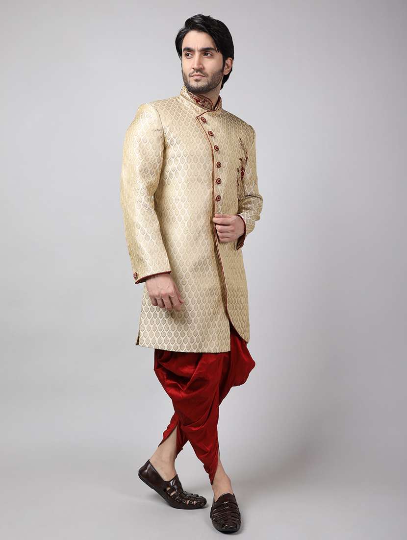 golden silk brocade sherwani ethnic wear set - 18473050 -  Standard Image - 1