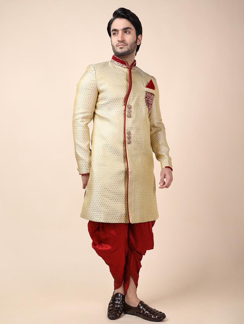 golden silk brocade sherwani ethnic wear set - 18473052 -  Standard Image - 1