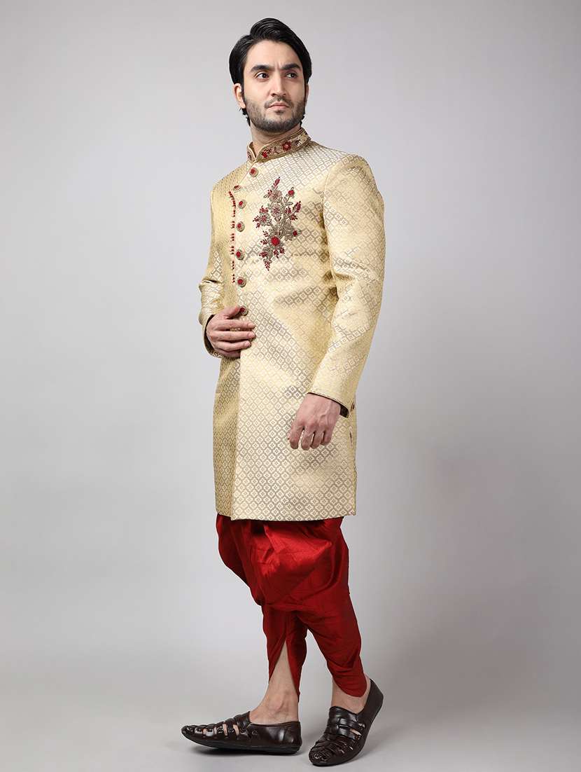 golden silk brocade sherwani ethnic wear set - 18473053 -  Standard Image - 1