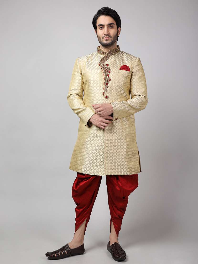 golden silk brocade sherwani ethnic wear set - 18473054 - Zoom Image - 0