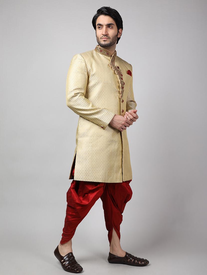 golden silk brocade sherwani ethnic wear set - 18473054 -  Standard Image - 1