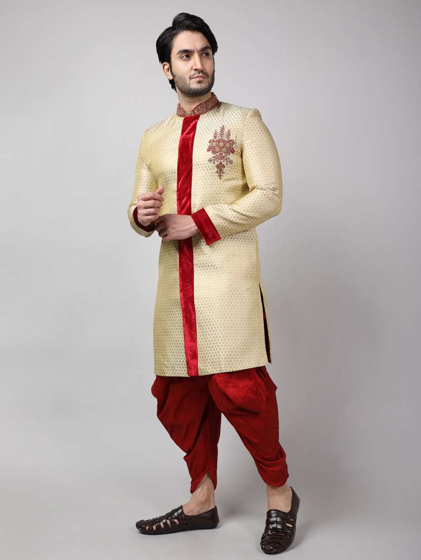 golden silk brocade sherwani ethnic wear set - 18473055 -  Standard Image - 1