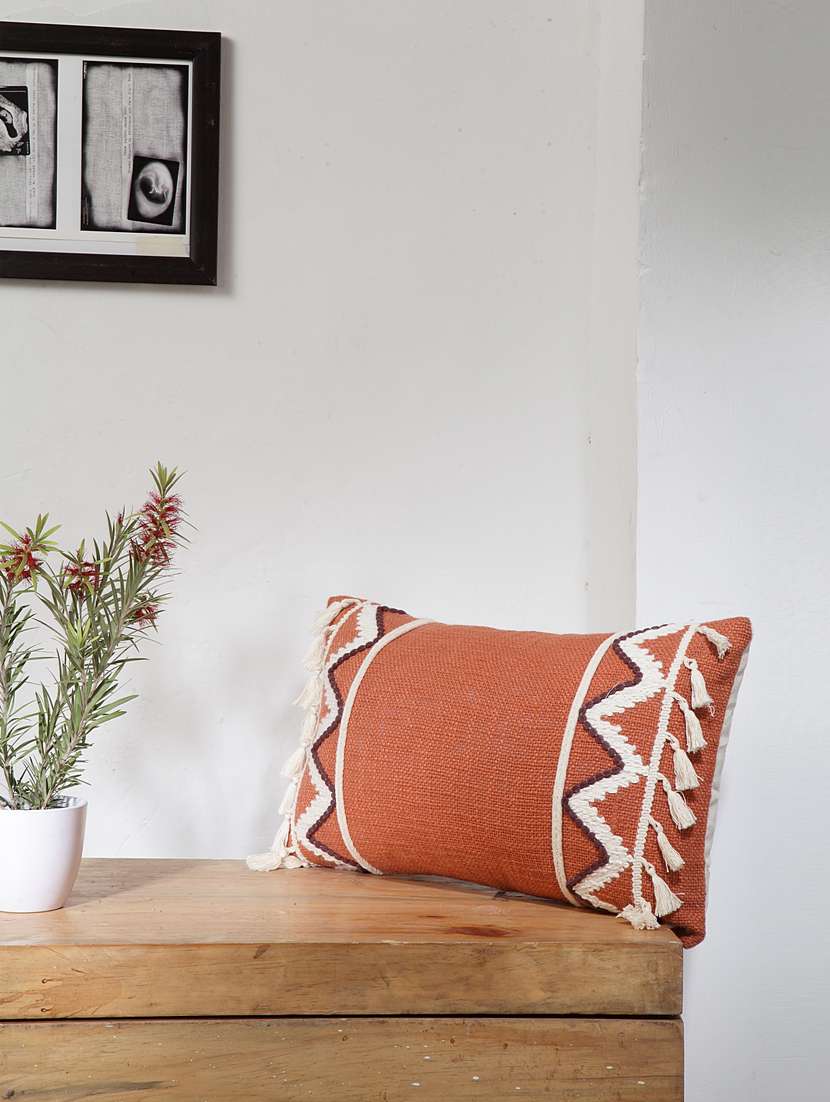 blanc9 tribal tassel rusty orange embroidered cotton square cushion cover 12x20inches