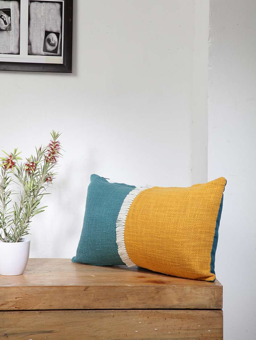 blanc9 peacock blue & yellow colourblock with fringes rectangle cotton cushion cover 12x20inches