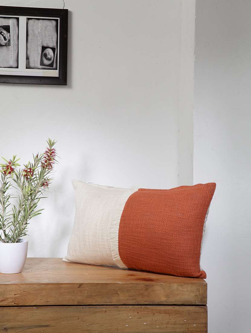 blanc9 rusty orange & ecru colourblock with fringes rectangle cotton cushion cover 12x20inches
