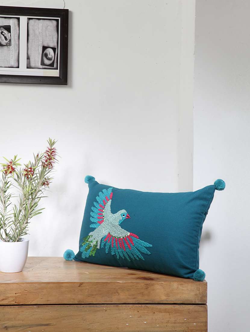 blanc9 royal crest embroidered royal blue rectangle cotton cushion cover with pompoms 12x20inches