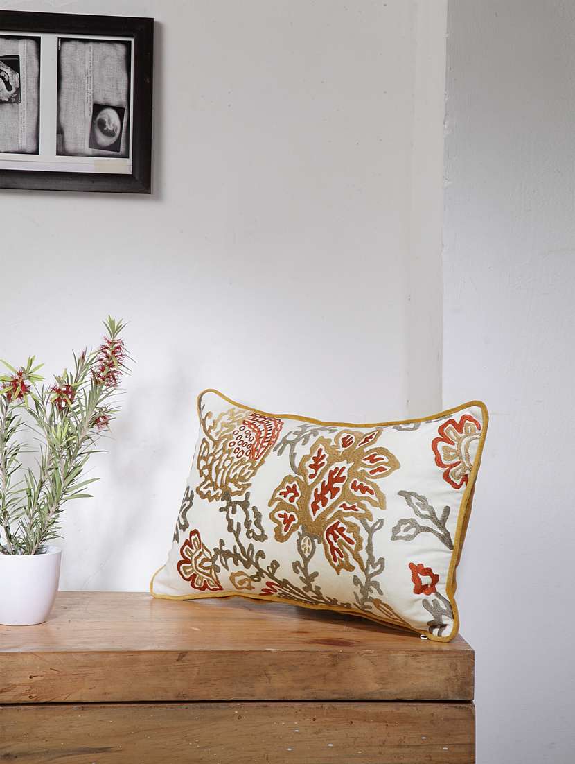 blanc9 aari embroidered rectangle cotton cushion cover 12x20inches