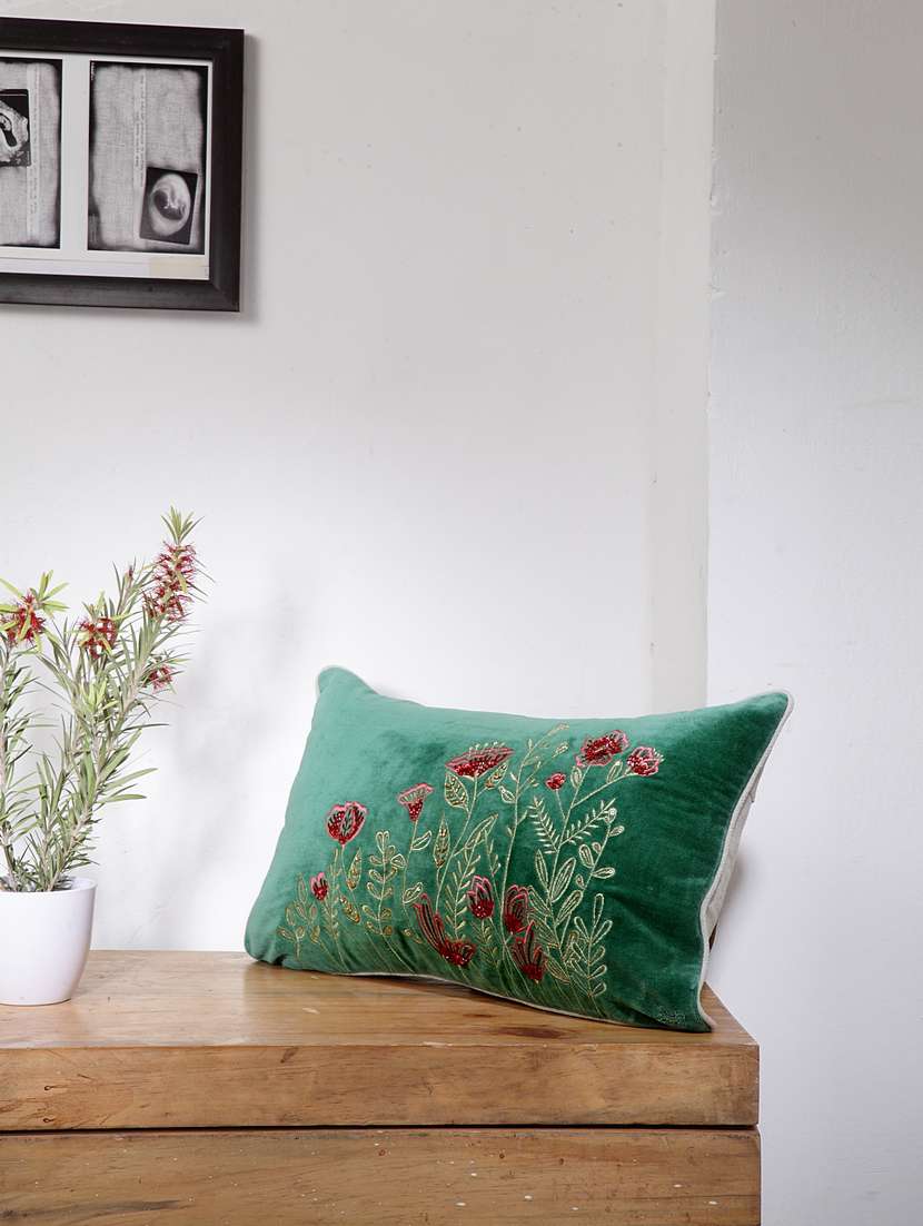 blanc9 meadow pattern green embroidered velvet cushion cover 12x20inches