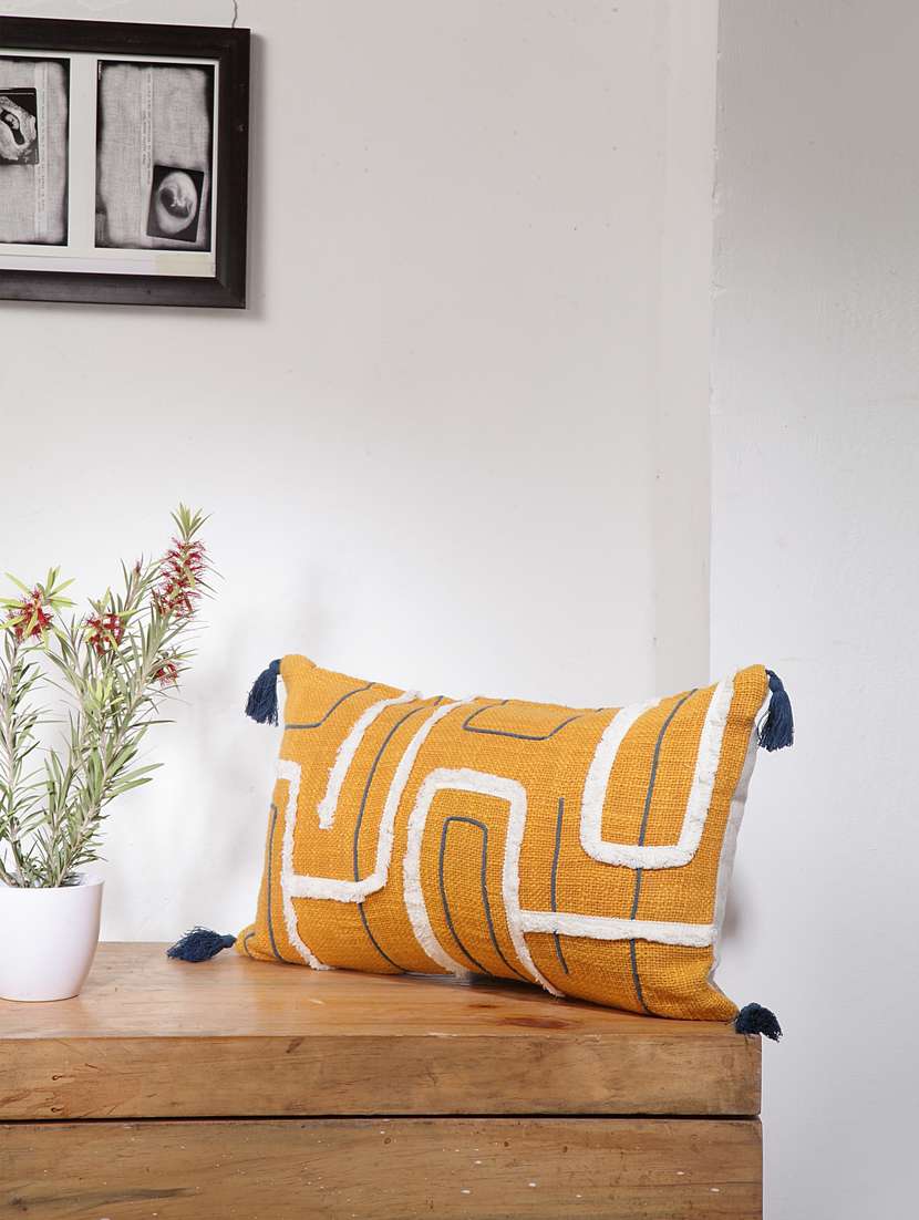 blanc9 acies mustard rectangular cotton cushion cover with tassels 12x20inches