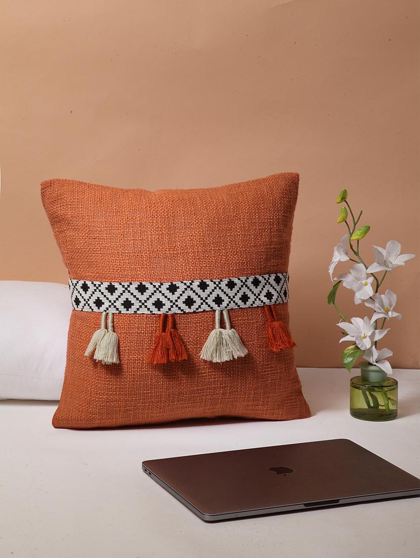 blanc9 cotton ethnic rusty orange cotton cushion cover with tassels 16x16inches