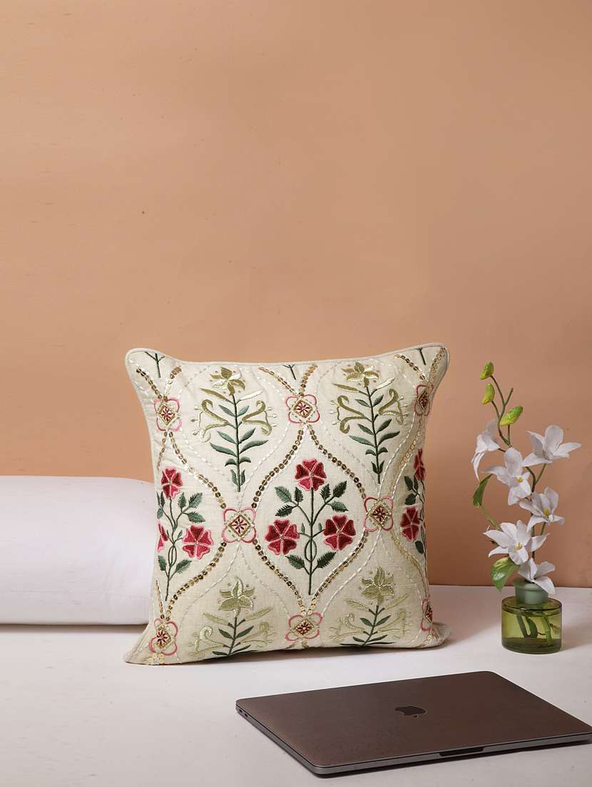 blanc9 phulwari embroidered square cotton cushion cover 16 x16 inches