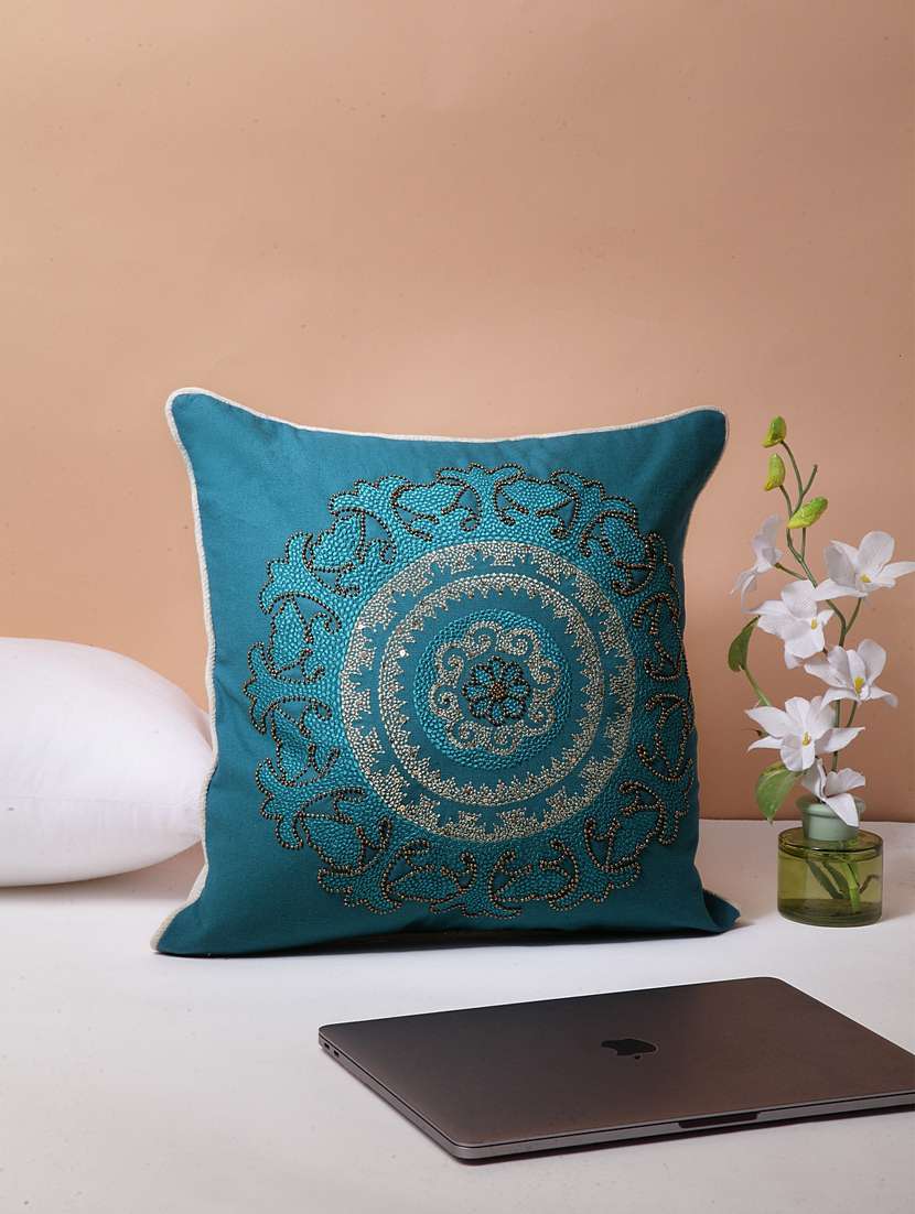 blanc9  peacock blue cotton embroidered square cushion cover 16 x16 inches
