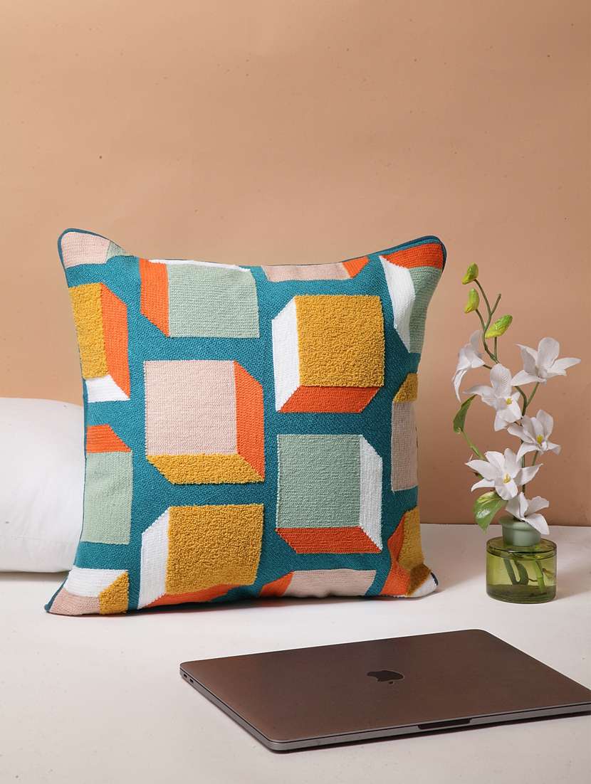 blanc9 peacock blue with multicolored cotton cuboid cushion cover 16 x16 inches
