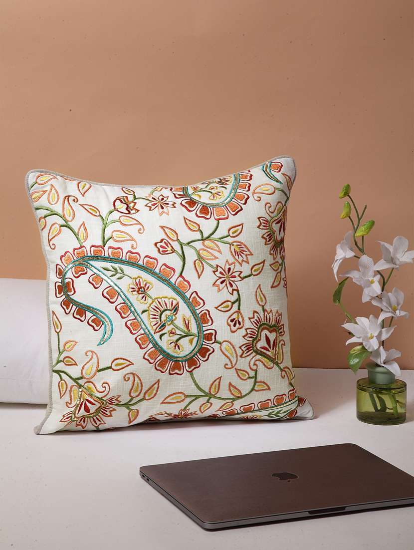 blanc9 cotton multicolor mango garden embroidered cushion cover 16 x16 inches
