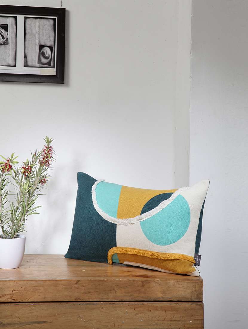 blanc9  mustard cotton geo colourblock peacock blue cushion cover 12 x20 inches