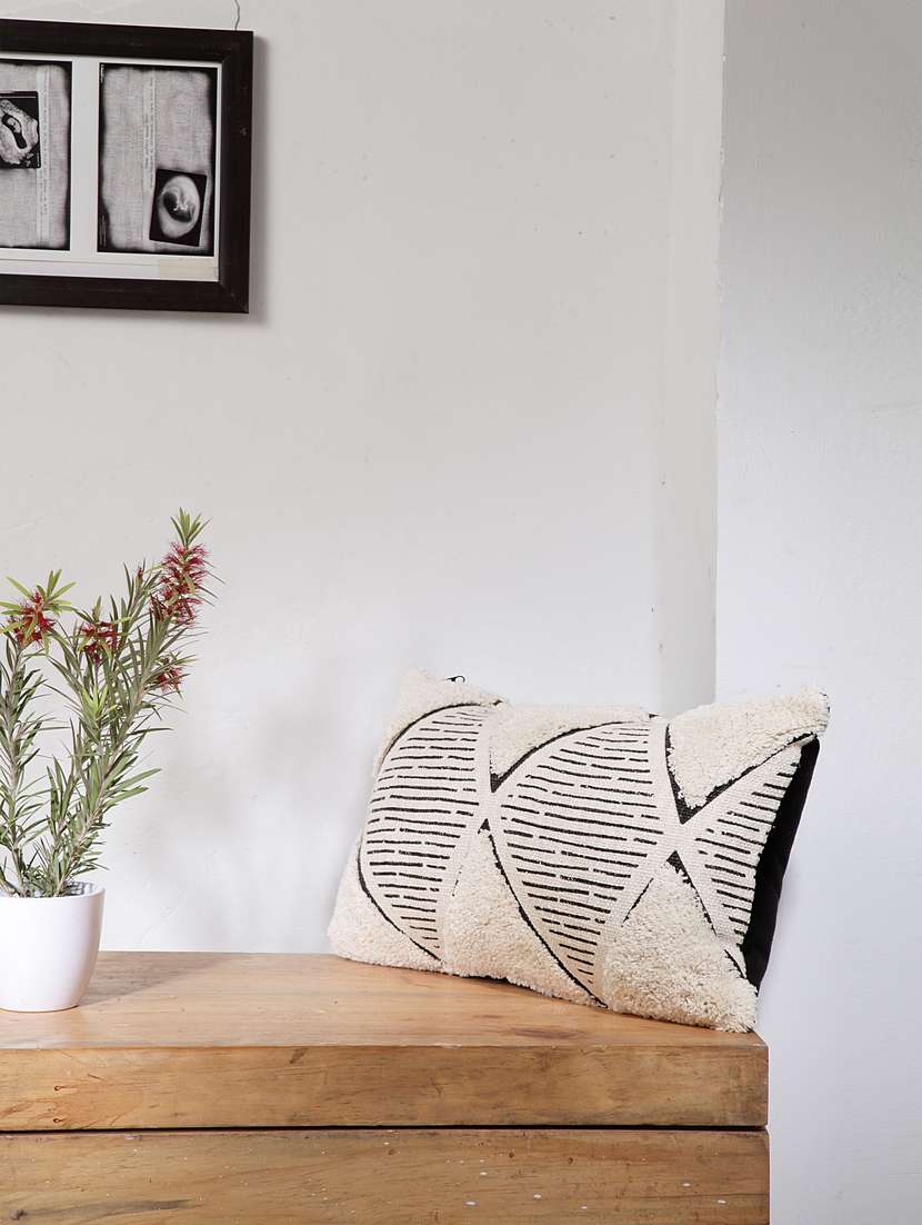 blanc9 black cotton diamond tufted off-white rectangle cushion cover 12 x20 inches