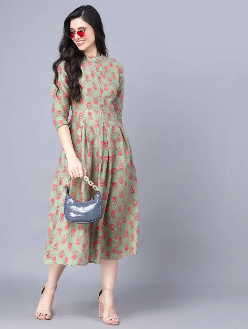 button up printed fit & flare fusion dress