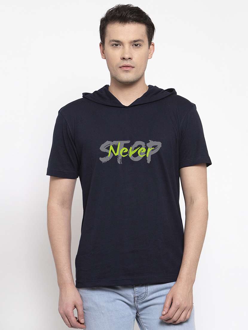 navy blue chest print hooded t-shirt