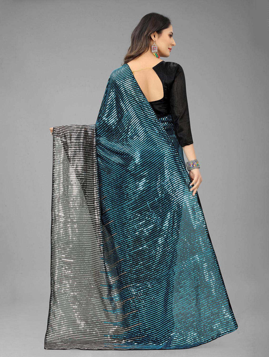 turquoise half & half sequined saree with blouse - 18476591 - Standard Image - 1