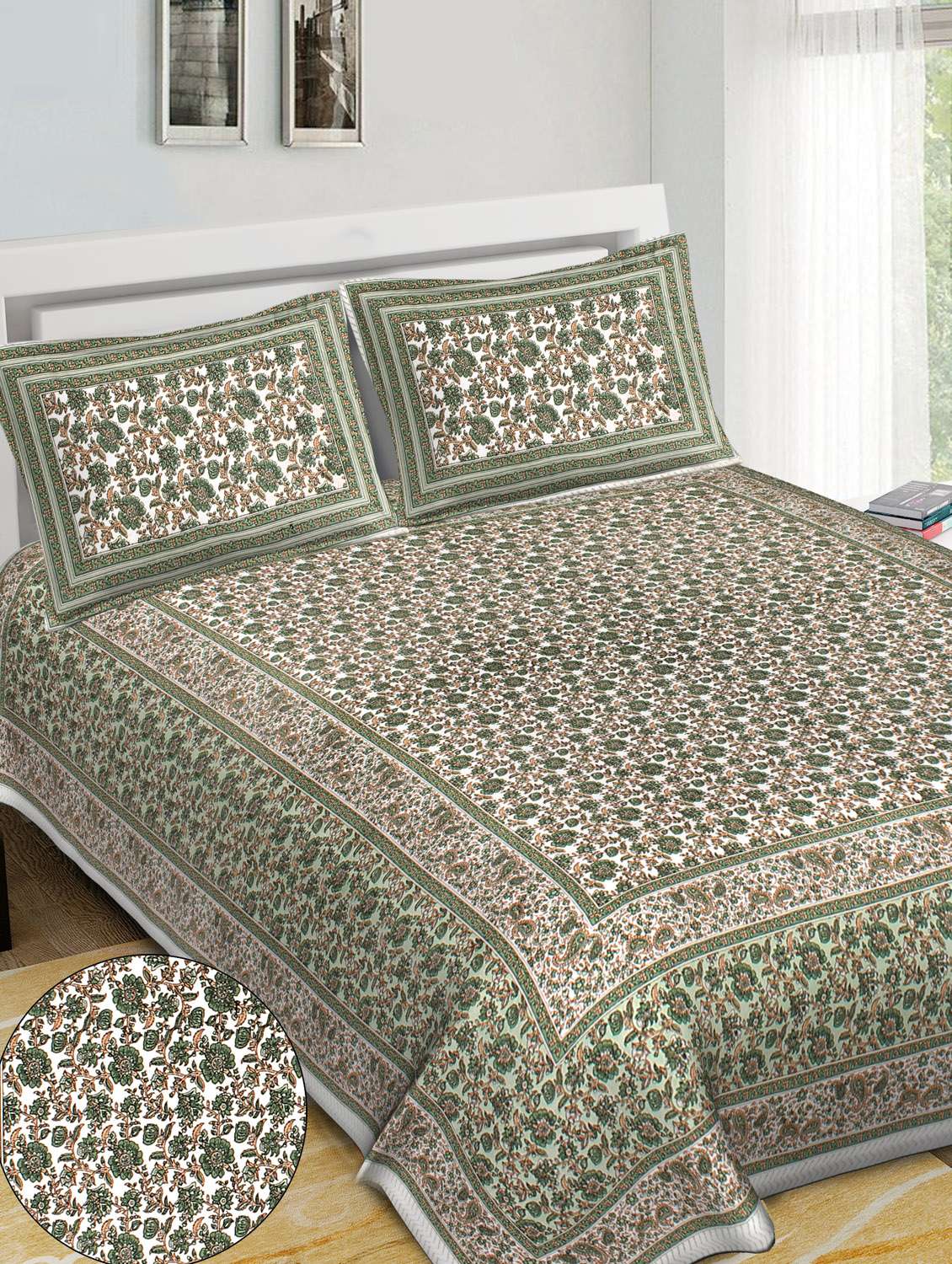 carry border printed 100% cotton pigment double bedsheet with pillow-green colour - 18477176 - Standard Image - 1