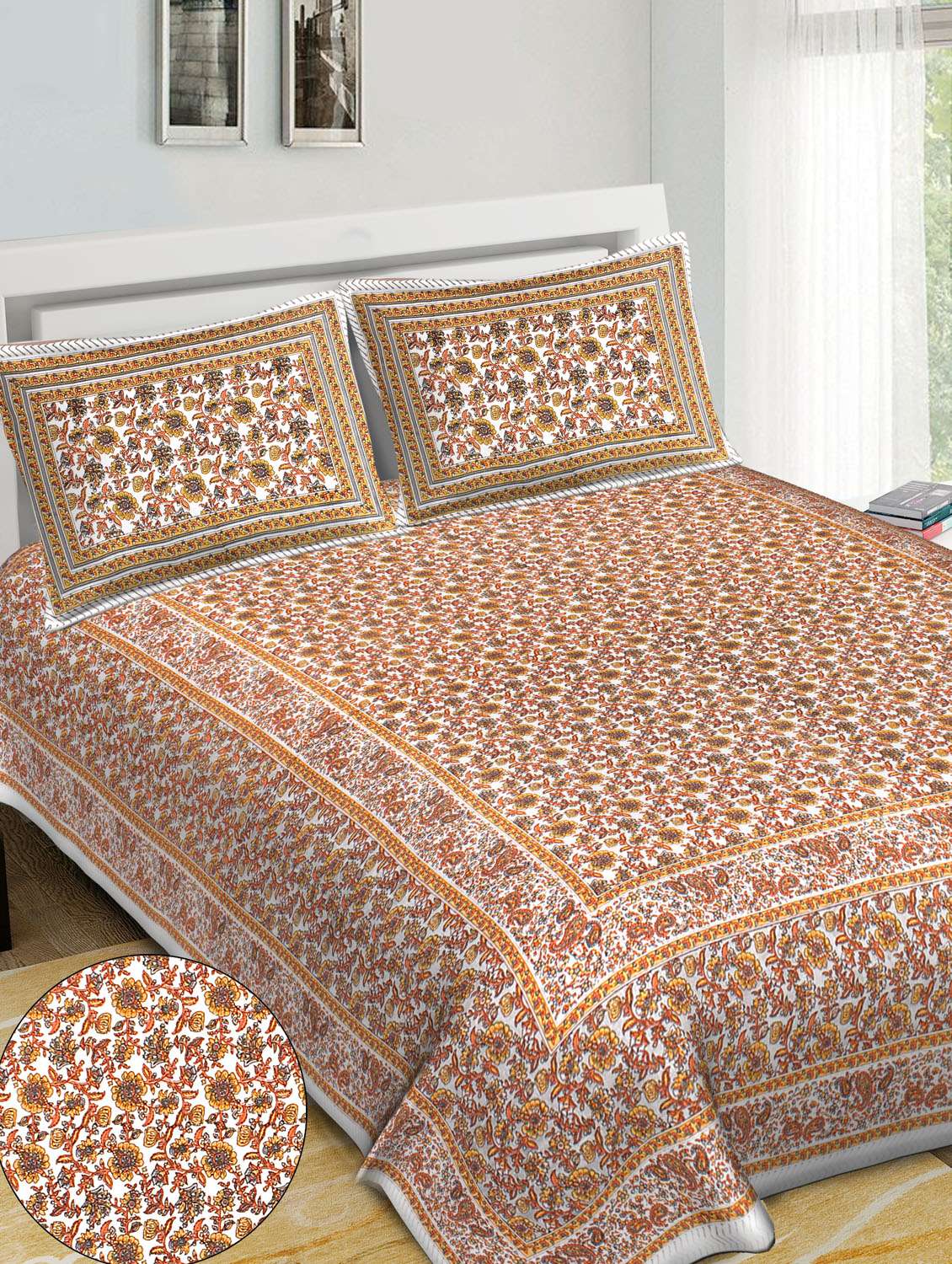 carry border printed 100% cotton pigment double bedsheet with pillow covers - 18477180 - Standard Image - 1