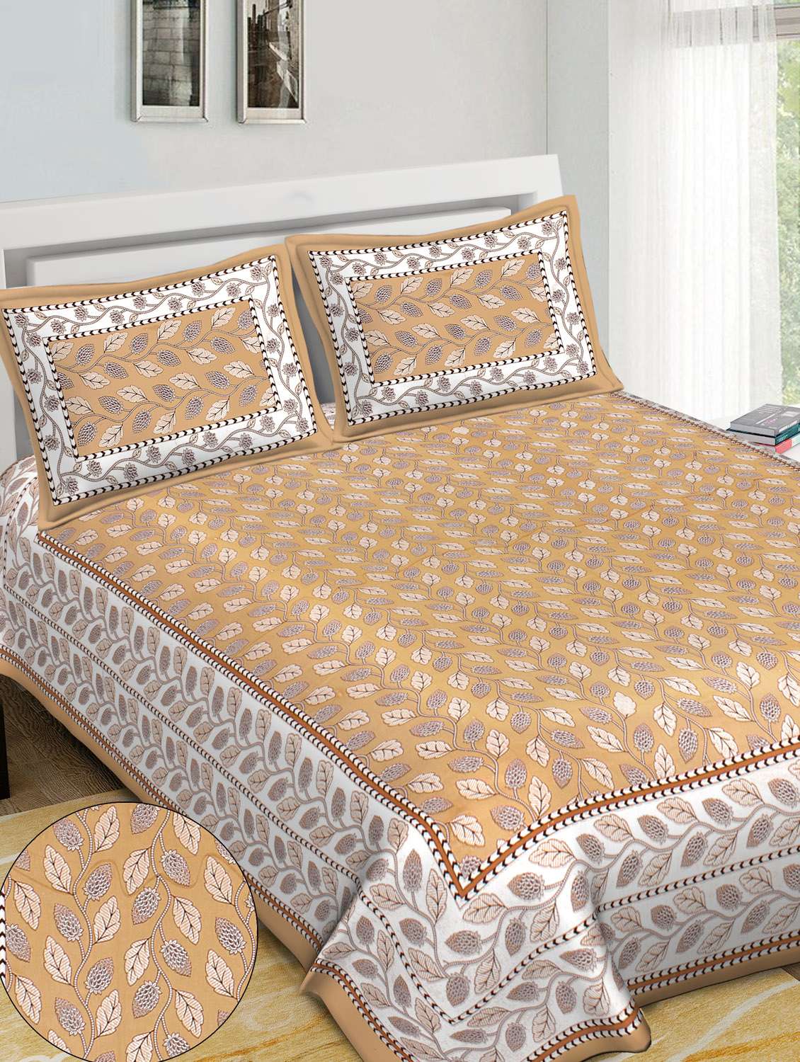 dry leaf printed 100% cotton pigment double bedsheet with pillow covers - 18477181 - Standard Image - 1