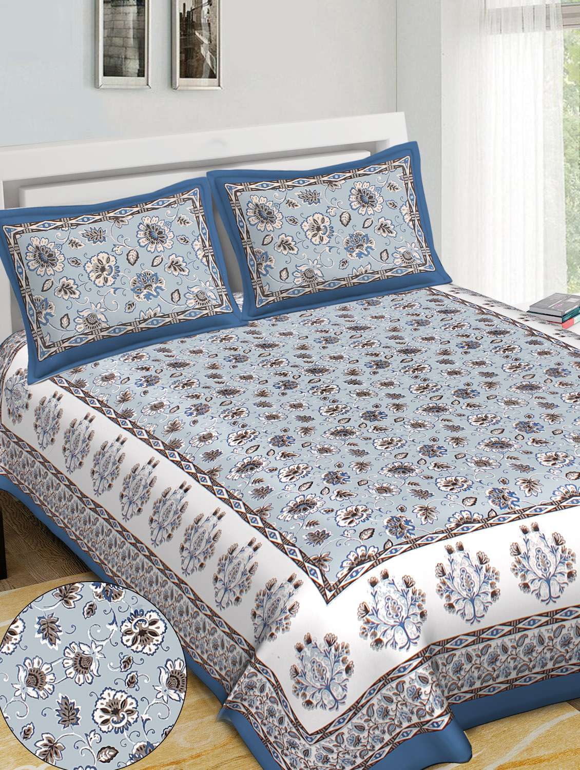 ikkat border printed 100% cotton pigment double bedsheet with pillow-blue colour - 18477191 -  Standard Image - 1