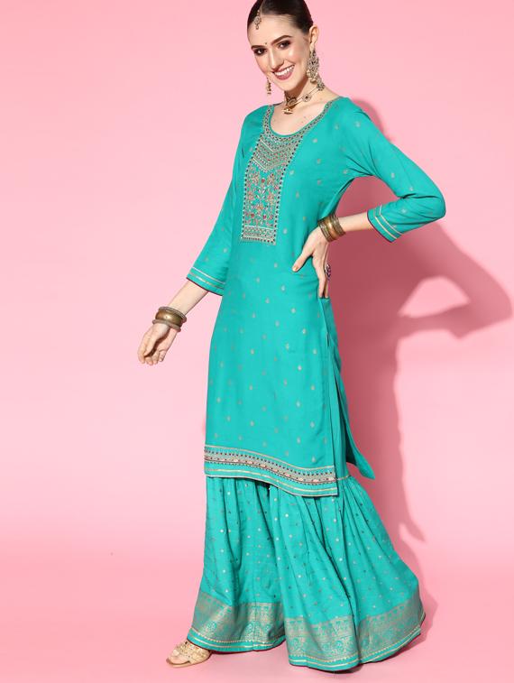 embroidered kurta sharara set with dupatta - 18477642 - Standard Image - 1