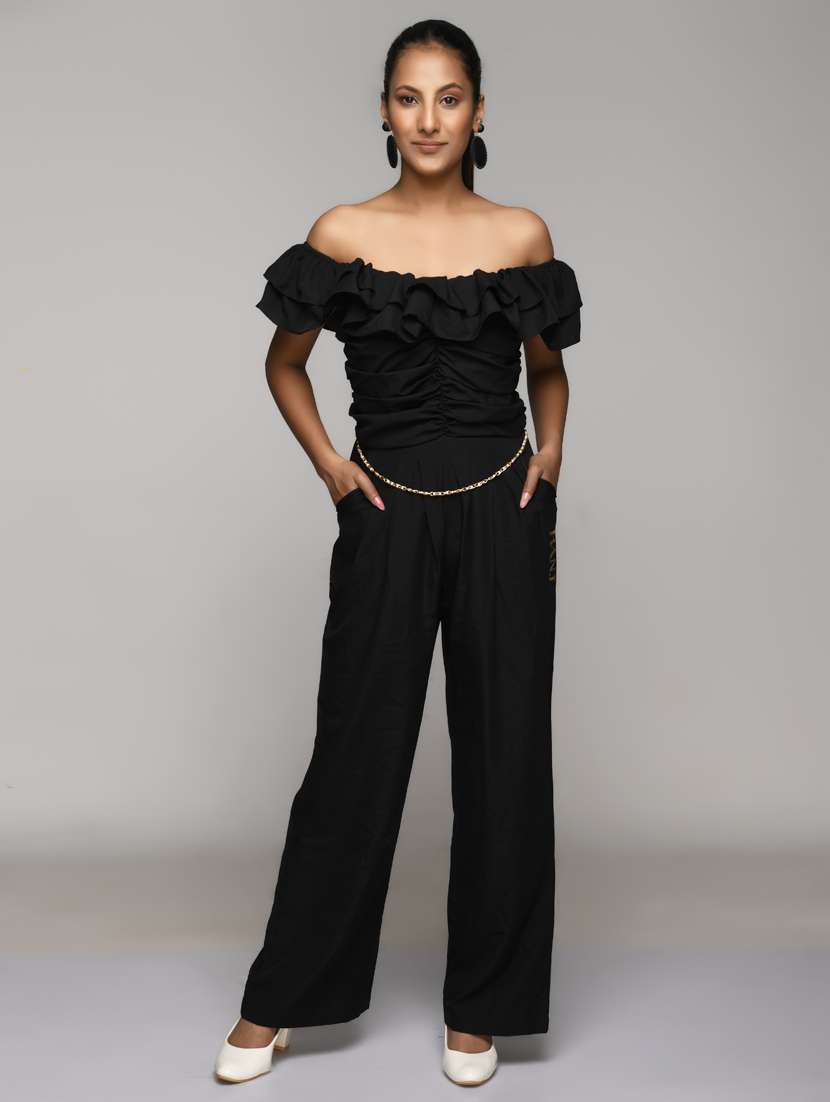 frill embellished solid full length jumpsuit 
