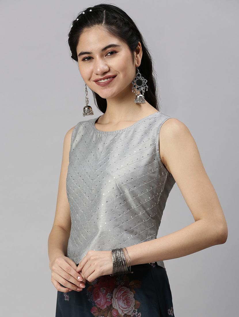 women's grey round neck top - 18478744 - Standard Image - 1