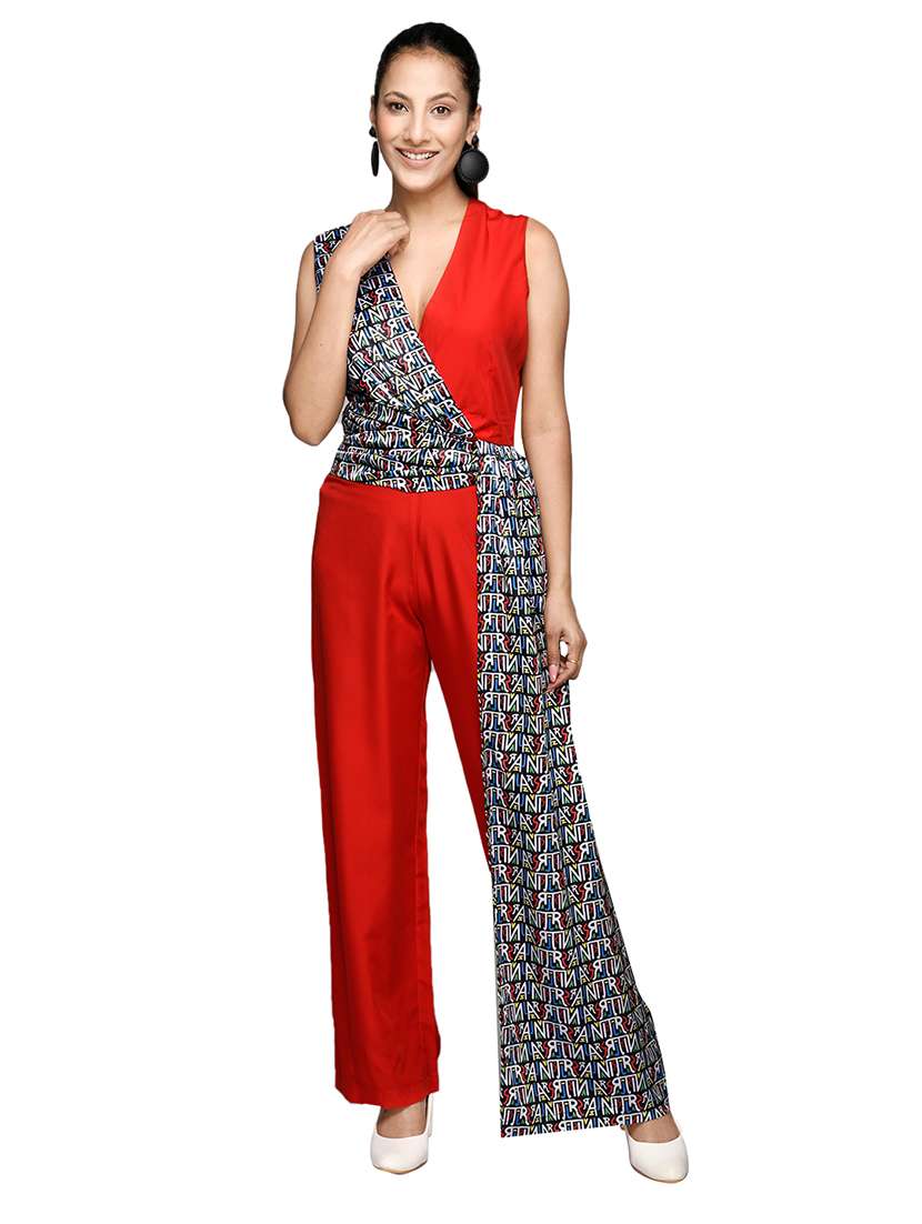 overlap neck color block full length jumpsuit 