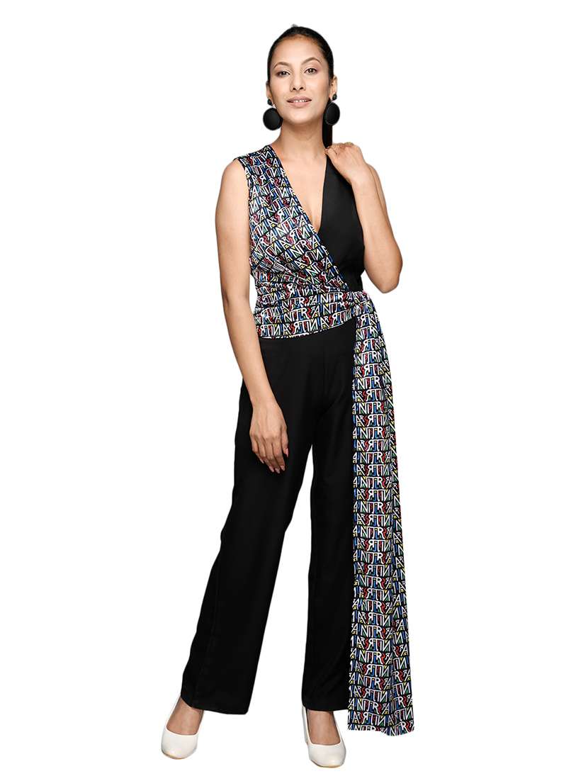 overlap neck color block full length jumpsuit 