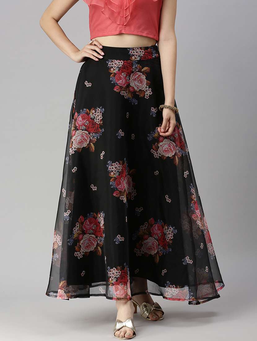 black printed flared skirt