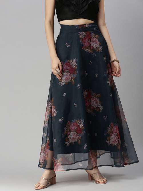 navy-blue floral printed flared skirt - 18478990 - Standard Image - 0