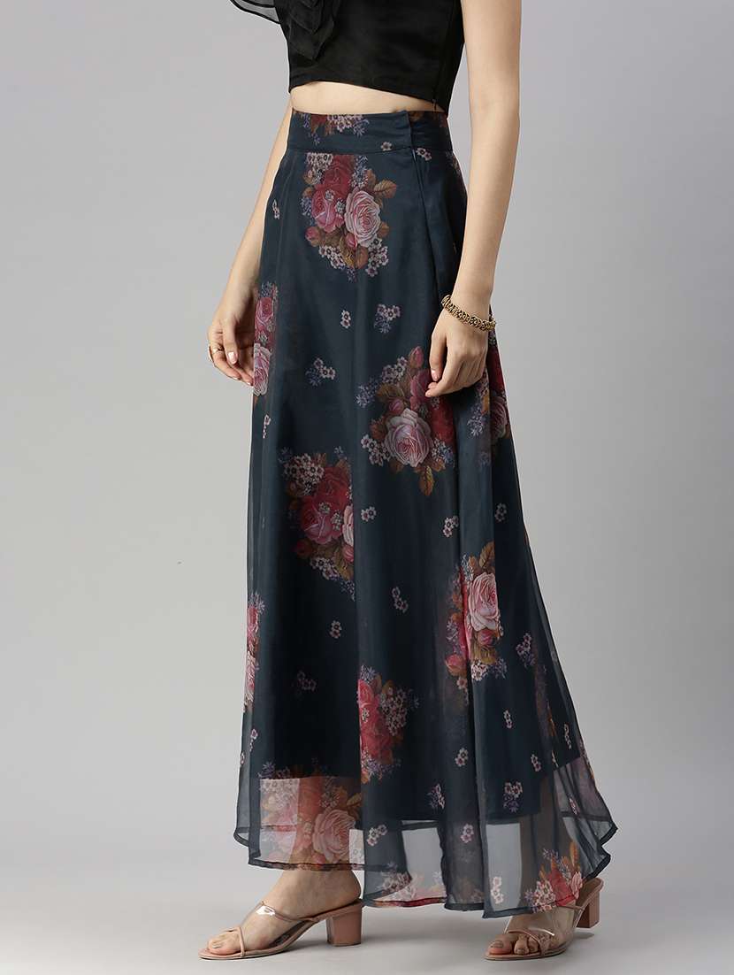 navy-blue floral printed flared skirt - 18478990 -  Standard Image - 1