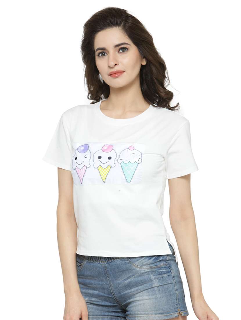 women's chest print round neck t-shirt