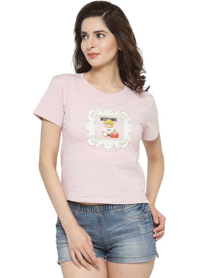 women's chest print round neck t-shirt