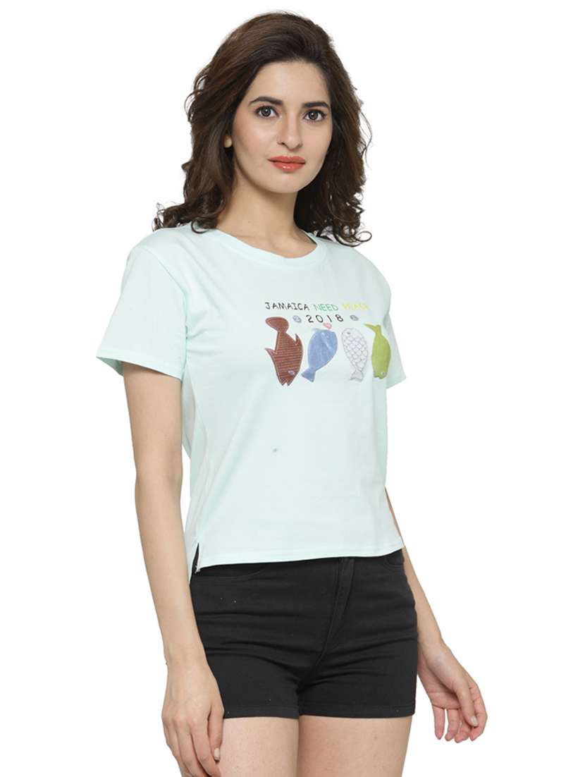 women's chest print round neck t-shirt - 18479829 -  Standard Image - 1