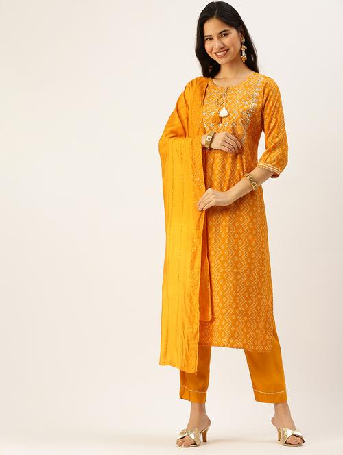 women printed round neck kurta pant set with dupatta - 18480922 -  Standard Image - 0
