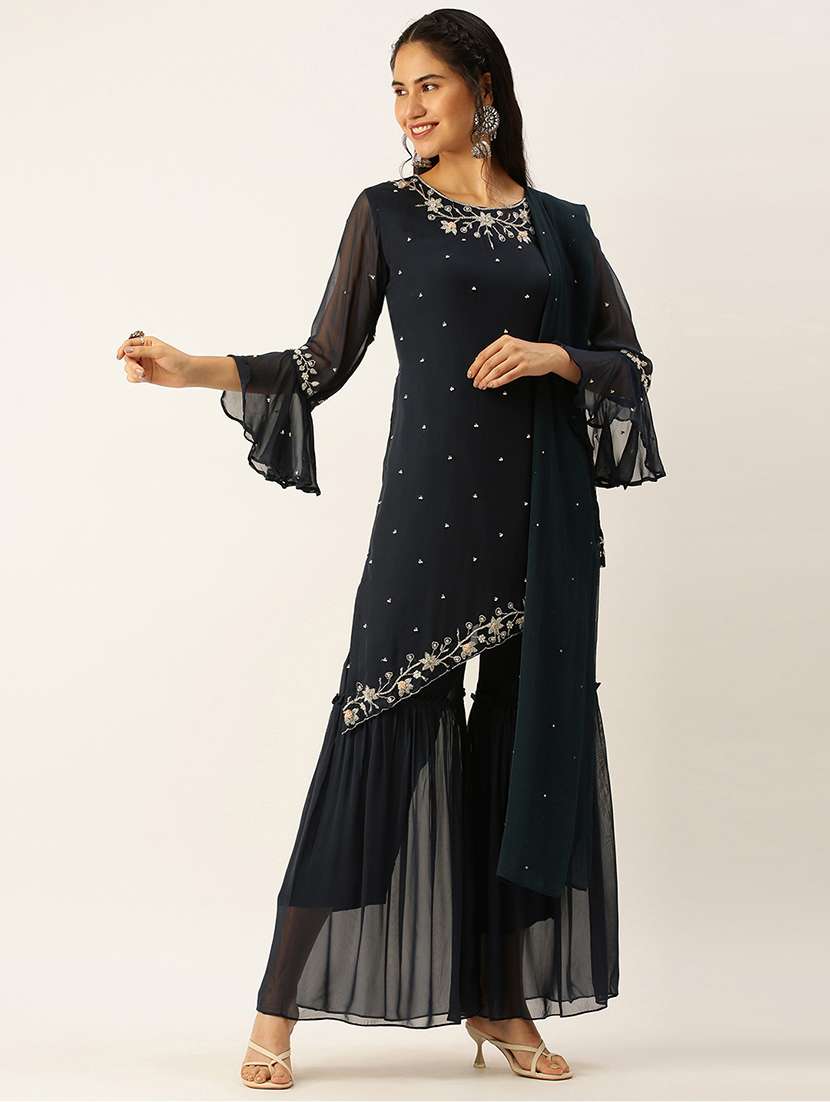 women embroidered kurta sharara with dupatta set