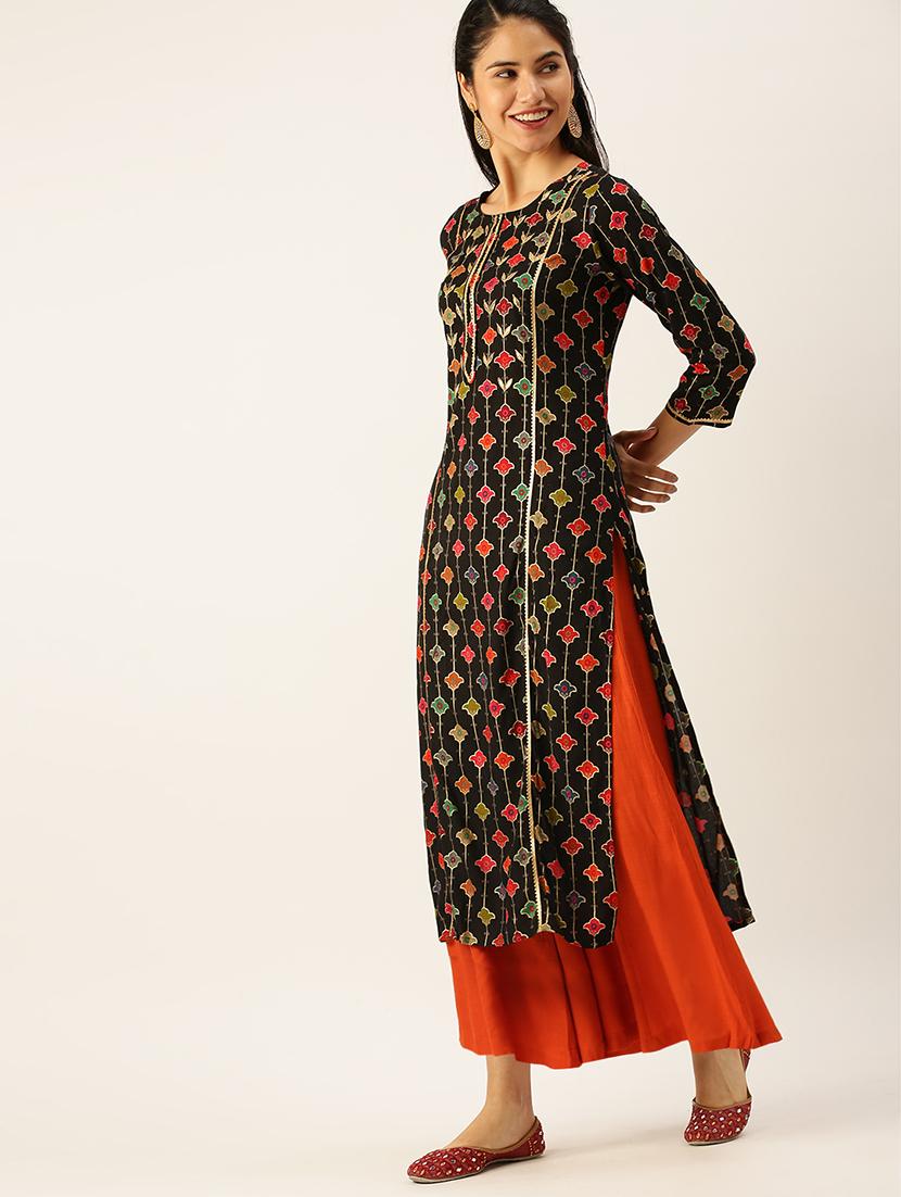 women foil printed round neck kurta palazzo set - 18480933 - Standard Image - 1