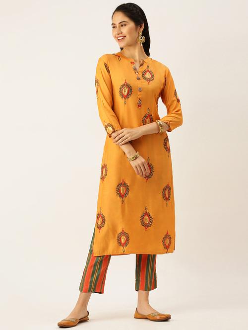 women printed mandarin neck kurta pant set - 18480943 - Standard Image - 0