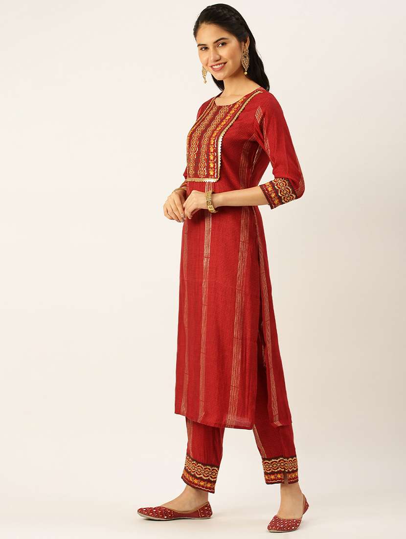 women checks round neck kurta pant set - 18480960 -  Standard Image - 1